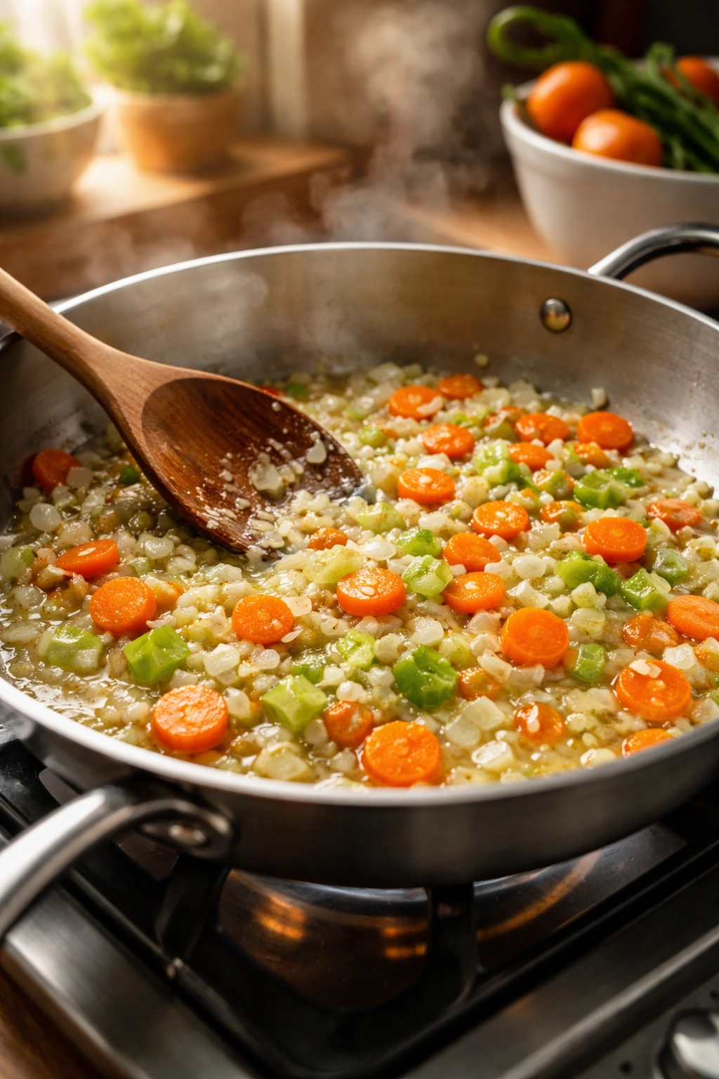 Close-up of butter melting in a skillet with onions, celery, and carrots cooking