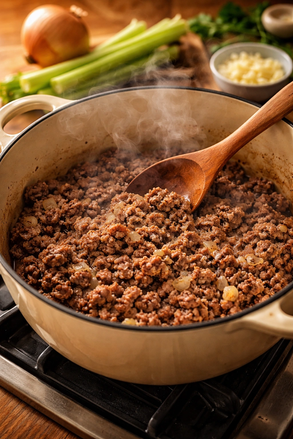 Beef browning in a Dutch oven with aromatics ready to simmer