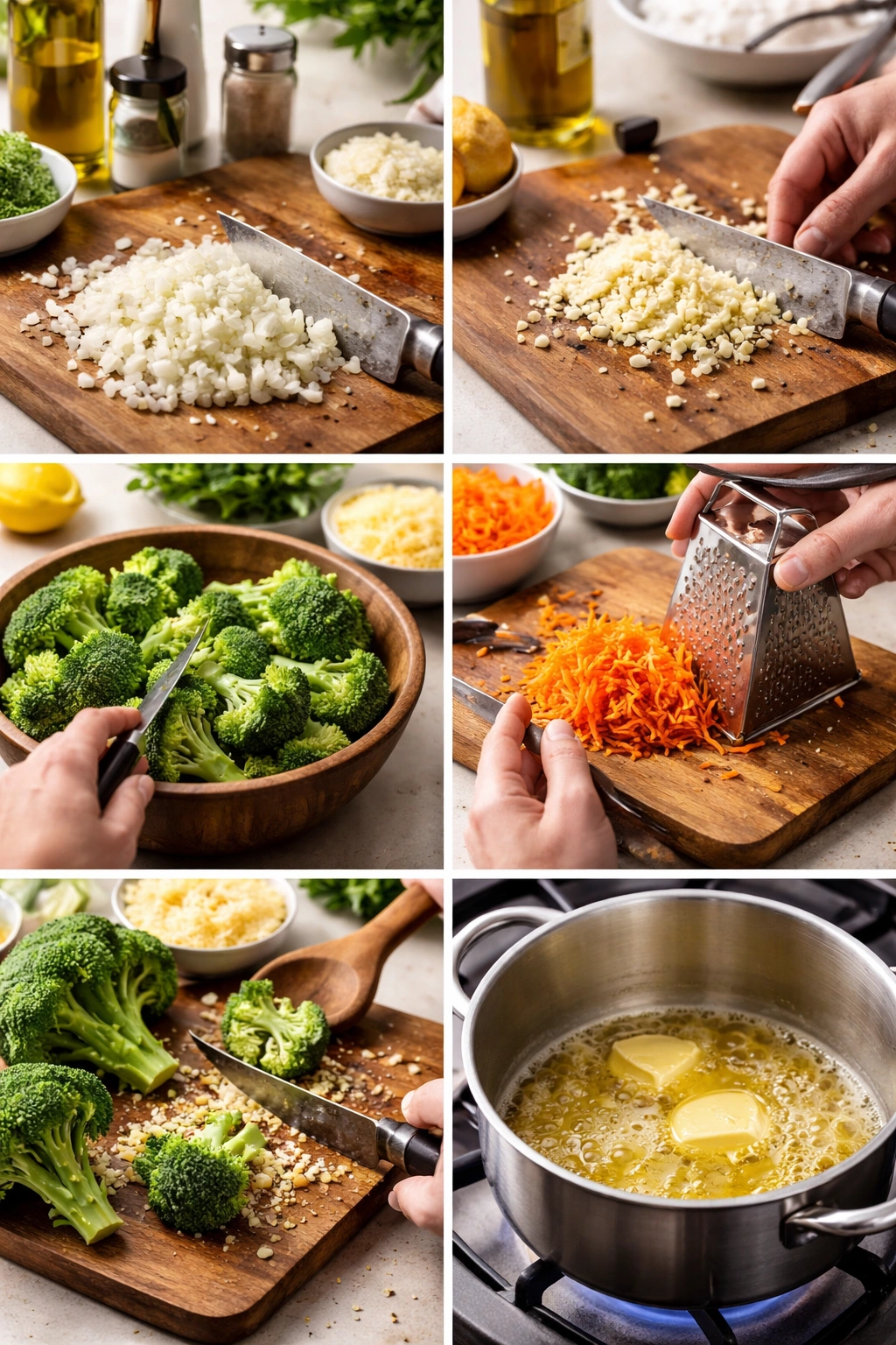 Step-by-step cooking actions: onion, garlic, broccoli prep and butter melting in a pot