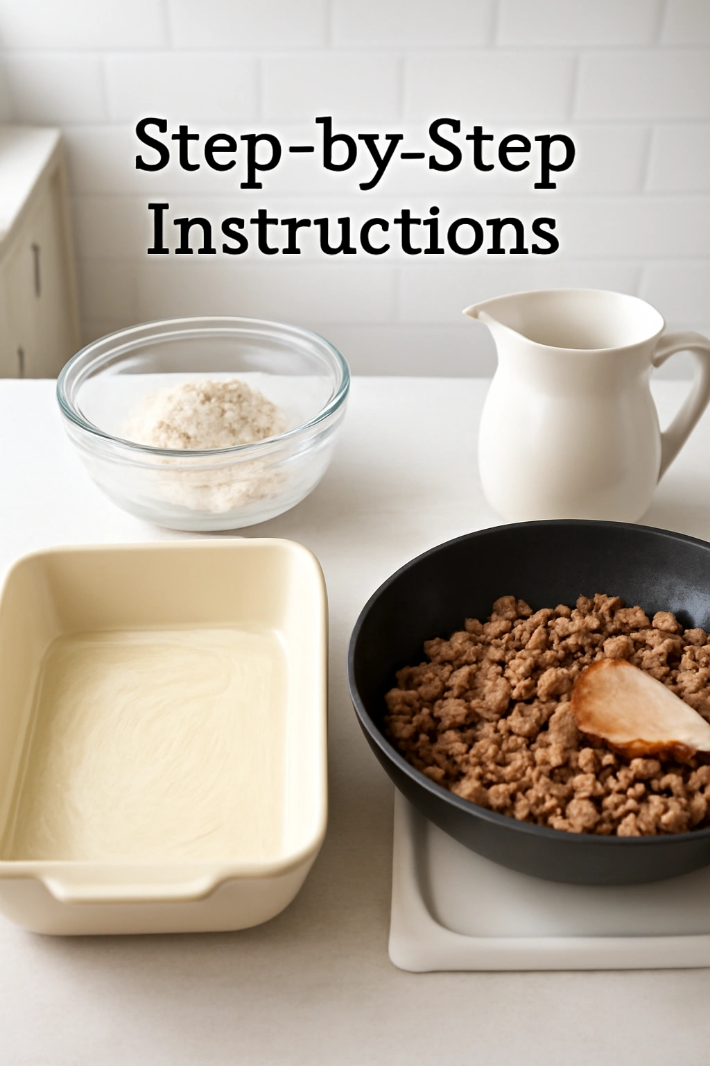 Kitchen setup illustrating step-by-step sausage gravy prep without text