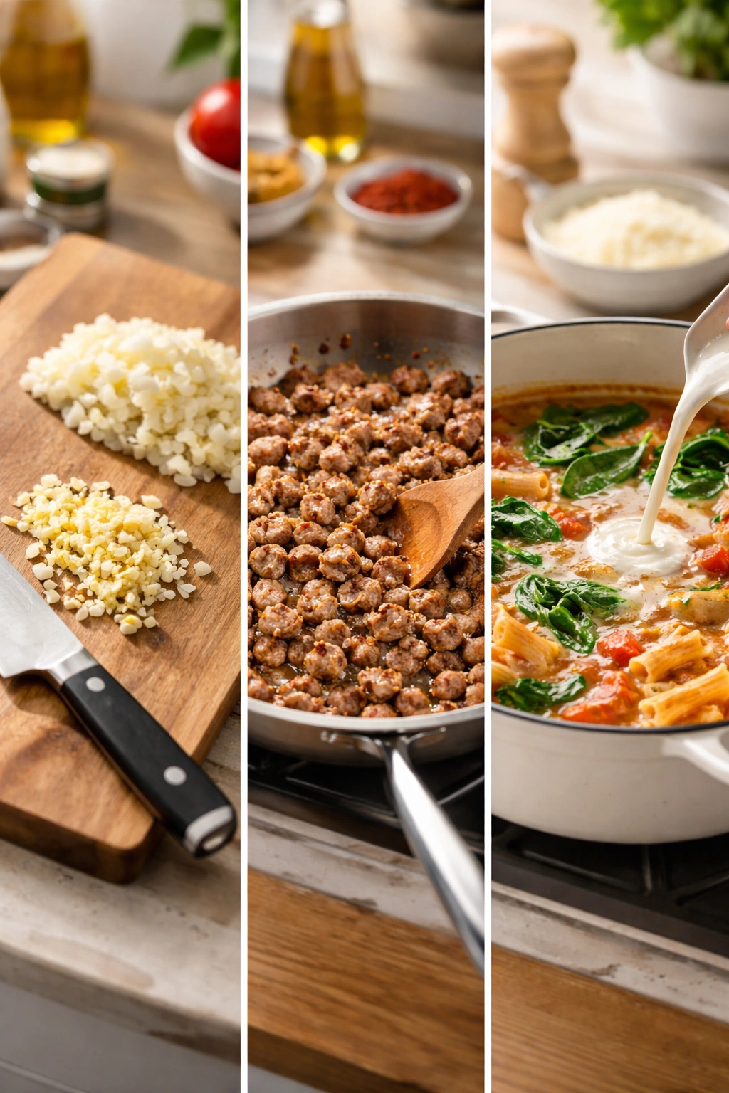 Triptych showing ingredient prep, sausage browning, and sauce simmering for step-by-step cooking