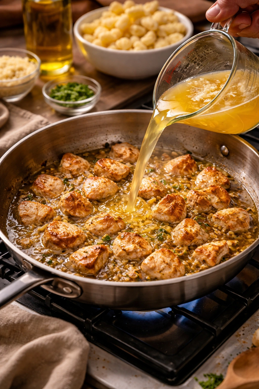 Skillet with browned chicken and simmering sauce on stovetop