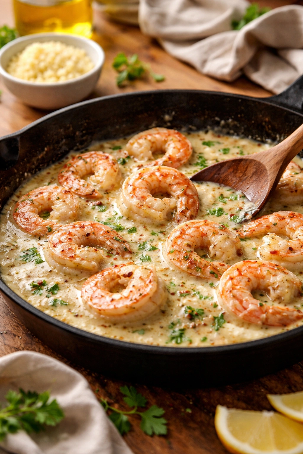 Skillet with shrimp cooking in butter sauce