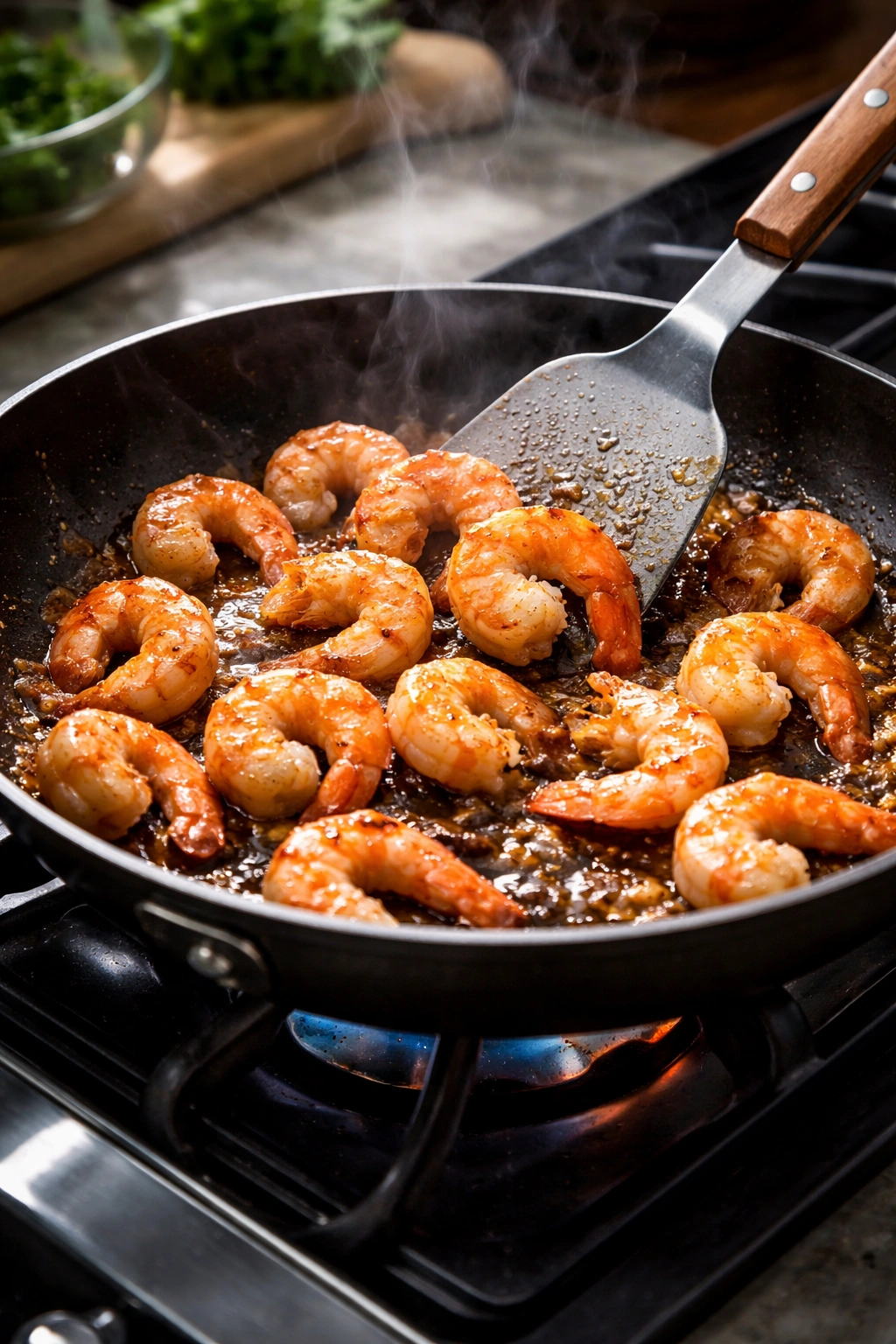 Pan on heat showing shrimp browning and cooking technique