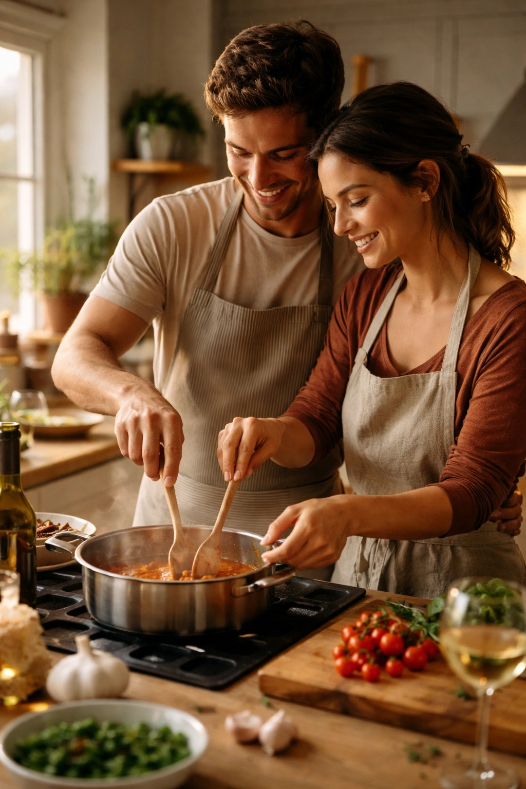 Two people cooking together in a cozy kitchen