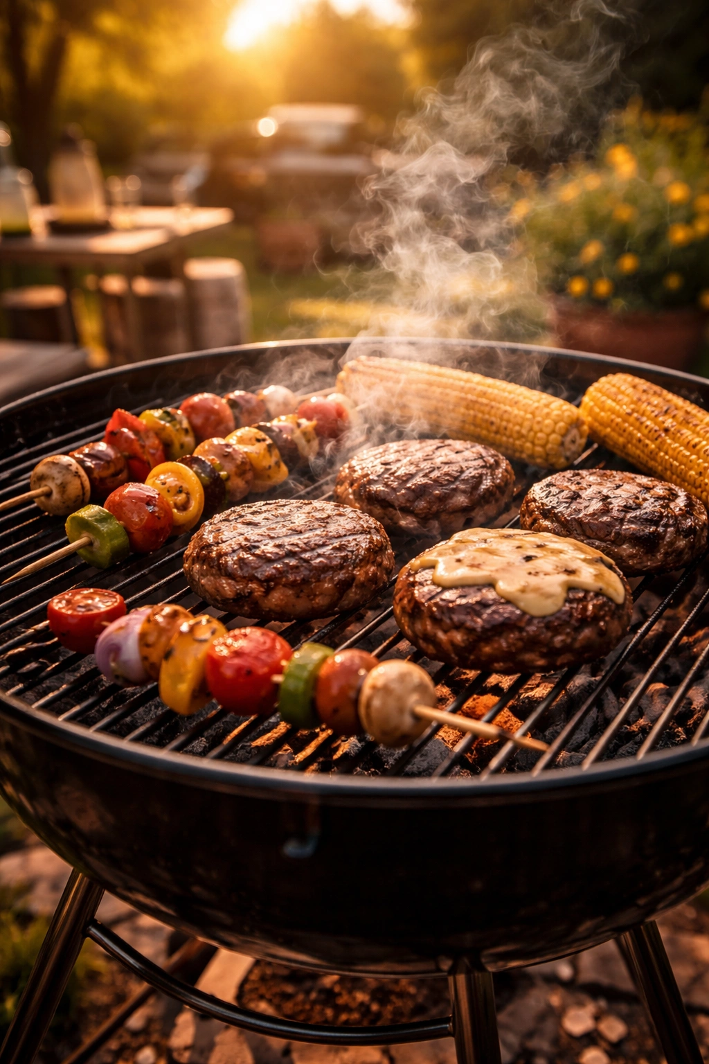Close-up of a charcoal grill with burgers and vegetables cooking on the grate during golden hour