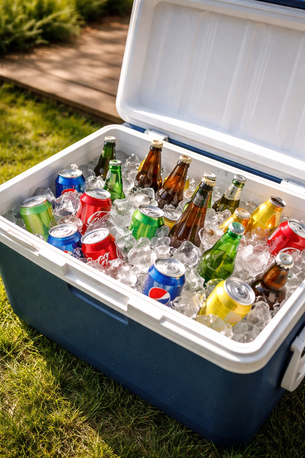 Open cooler packed with large ice cubes and drinks in a sunny backyard.