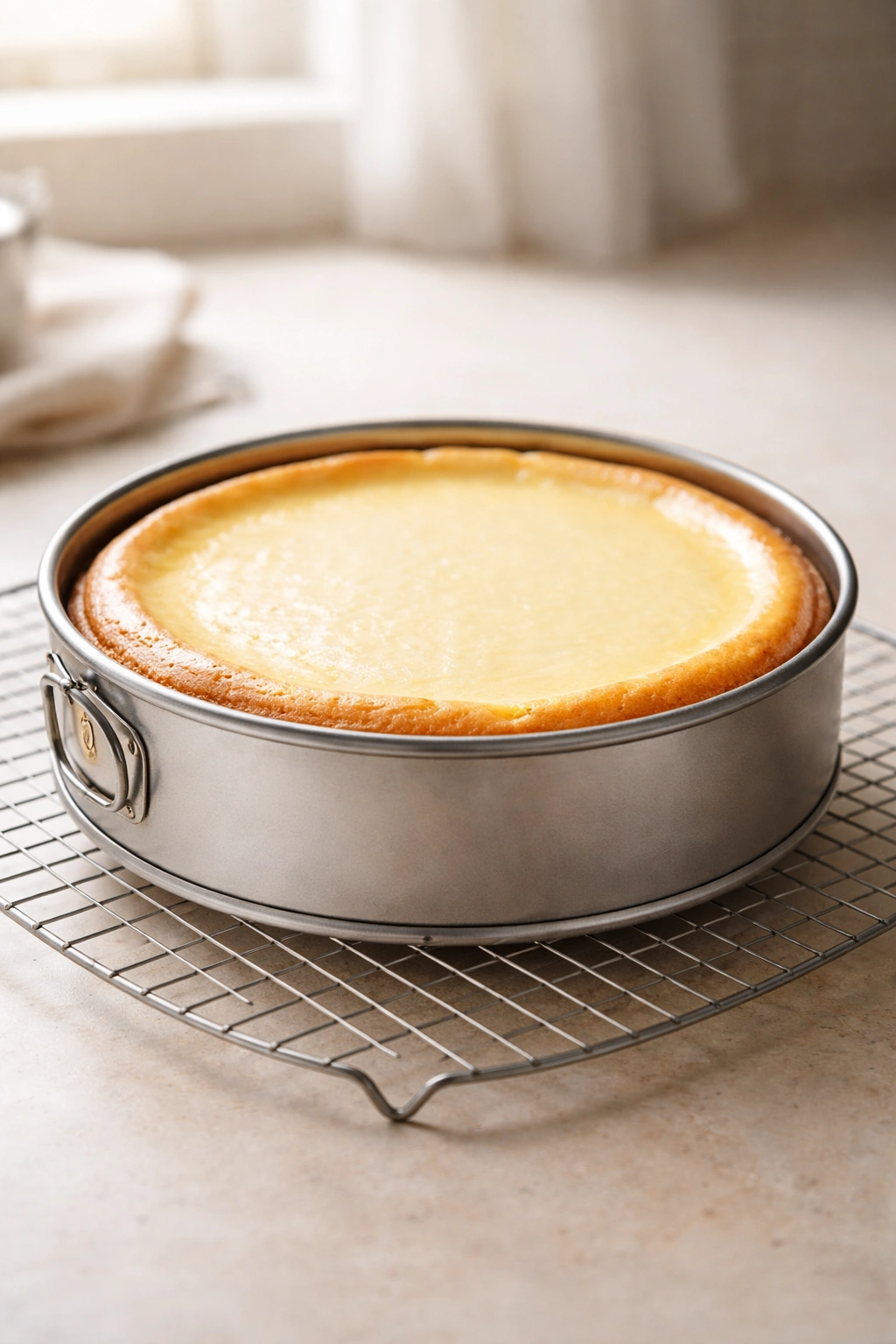 Cheesecake cooling on a wire rack