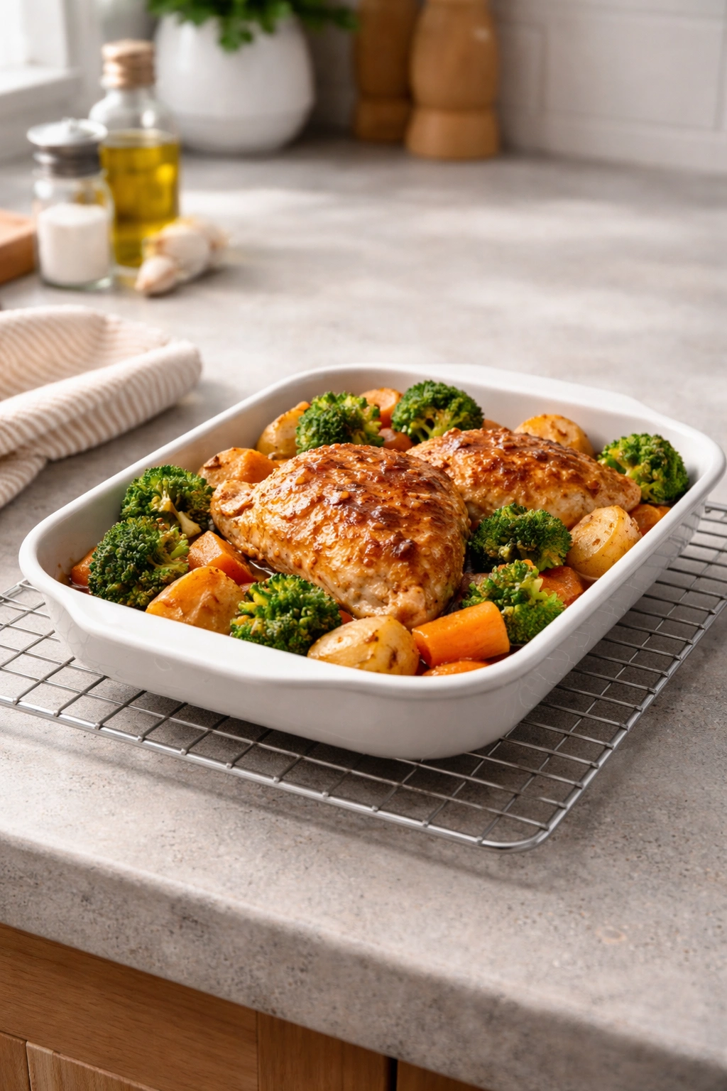 Cooked dish cooling on a counter with a wire rack