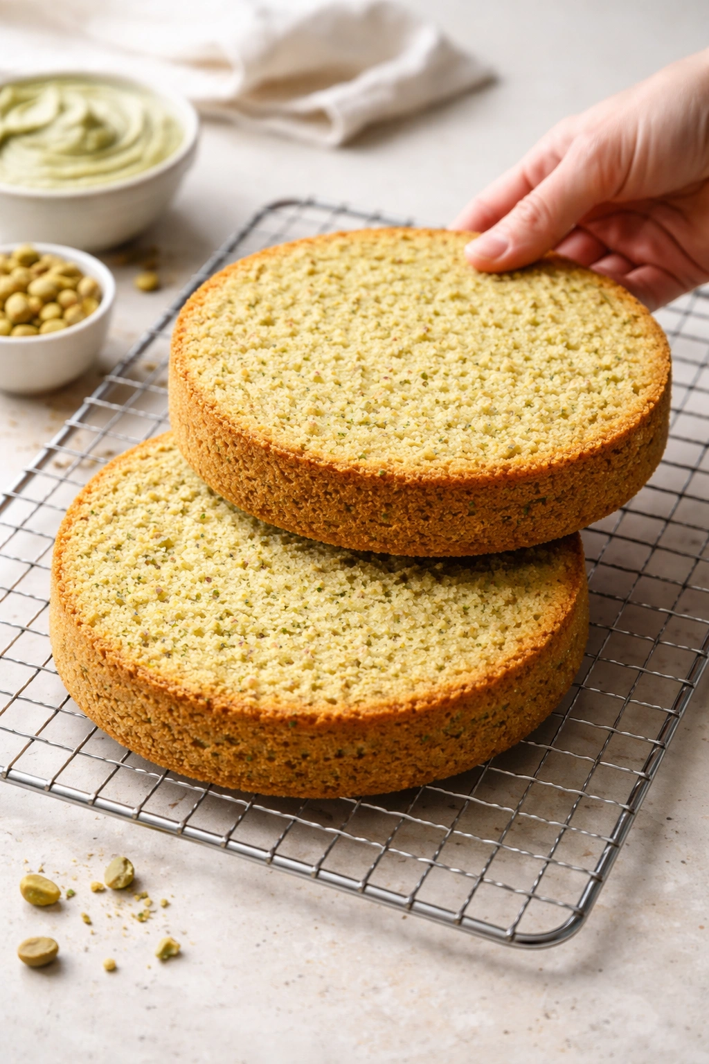 Two cooled pistachio sponge cake rounds on a wire rack ready to be layered.