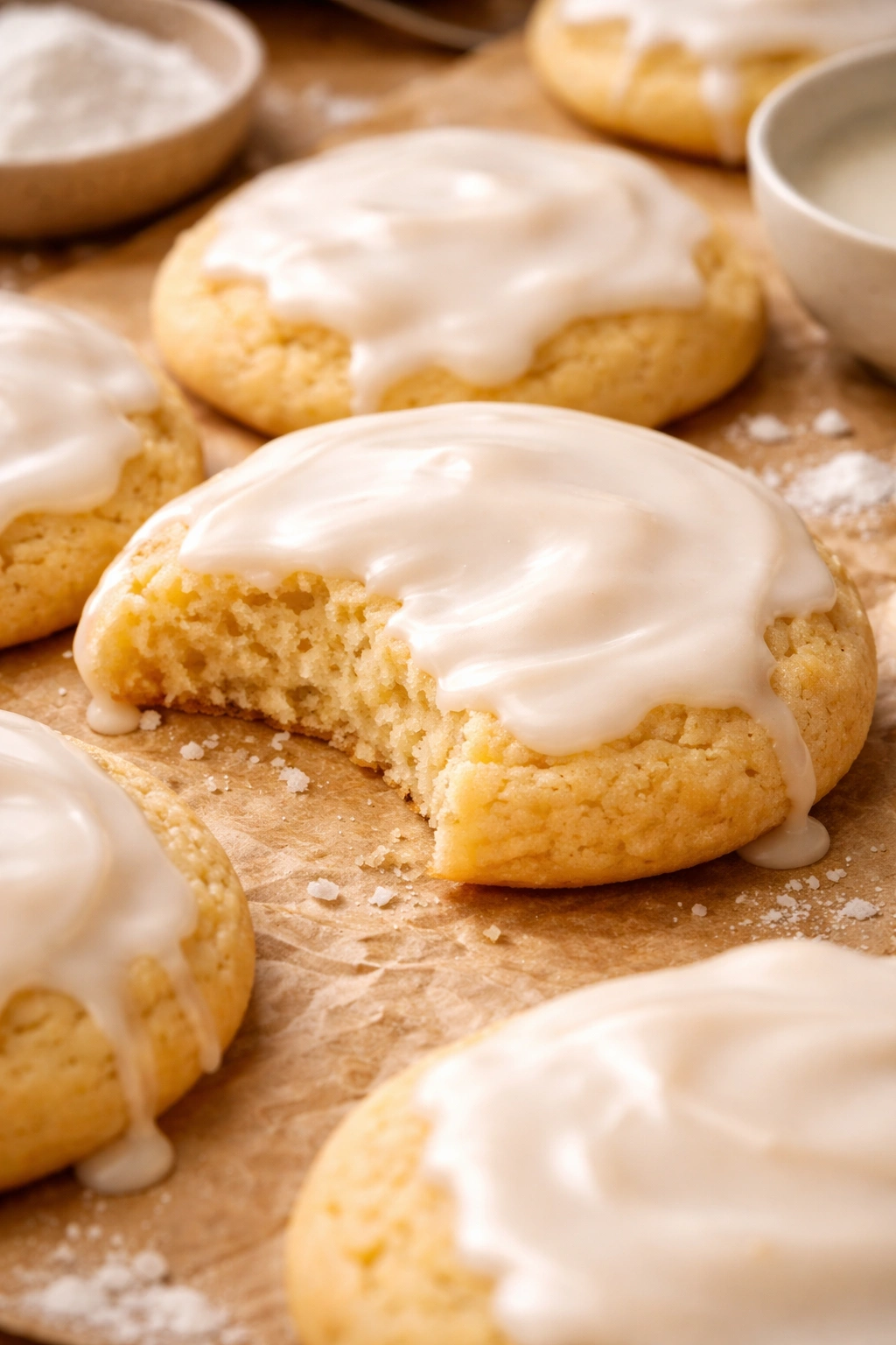 Soft cookie on parchment with glossy glaze and tender crumb