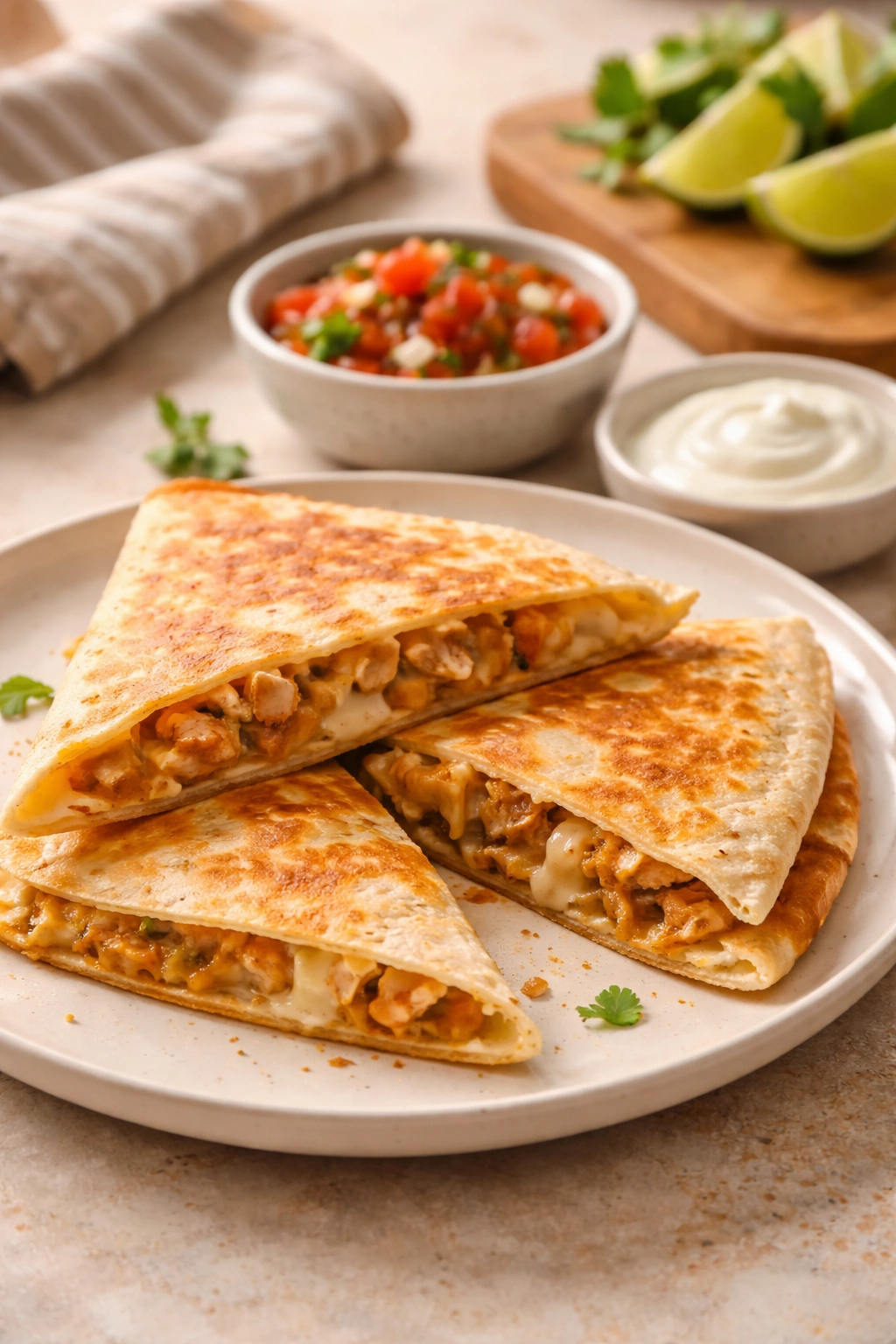 Single quesadilla on neutral plate under warm kitchen lighting