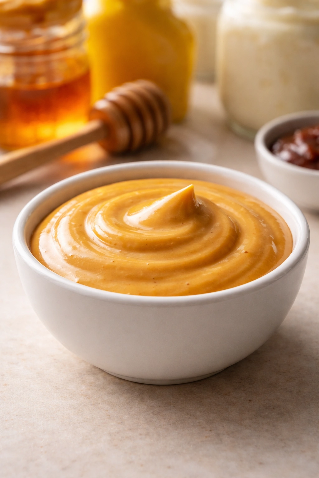 Close-up of glossy copycat sauce in a small white bowl