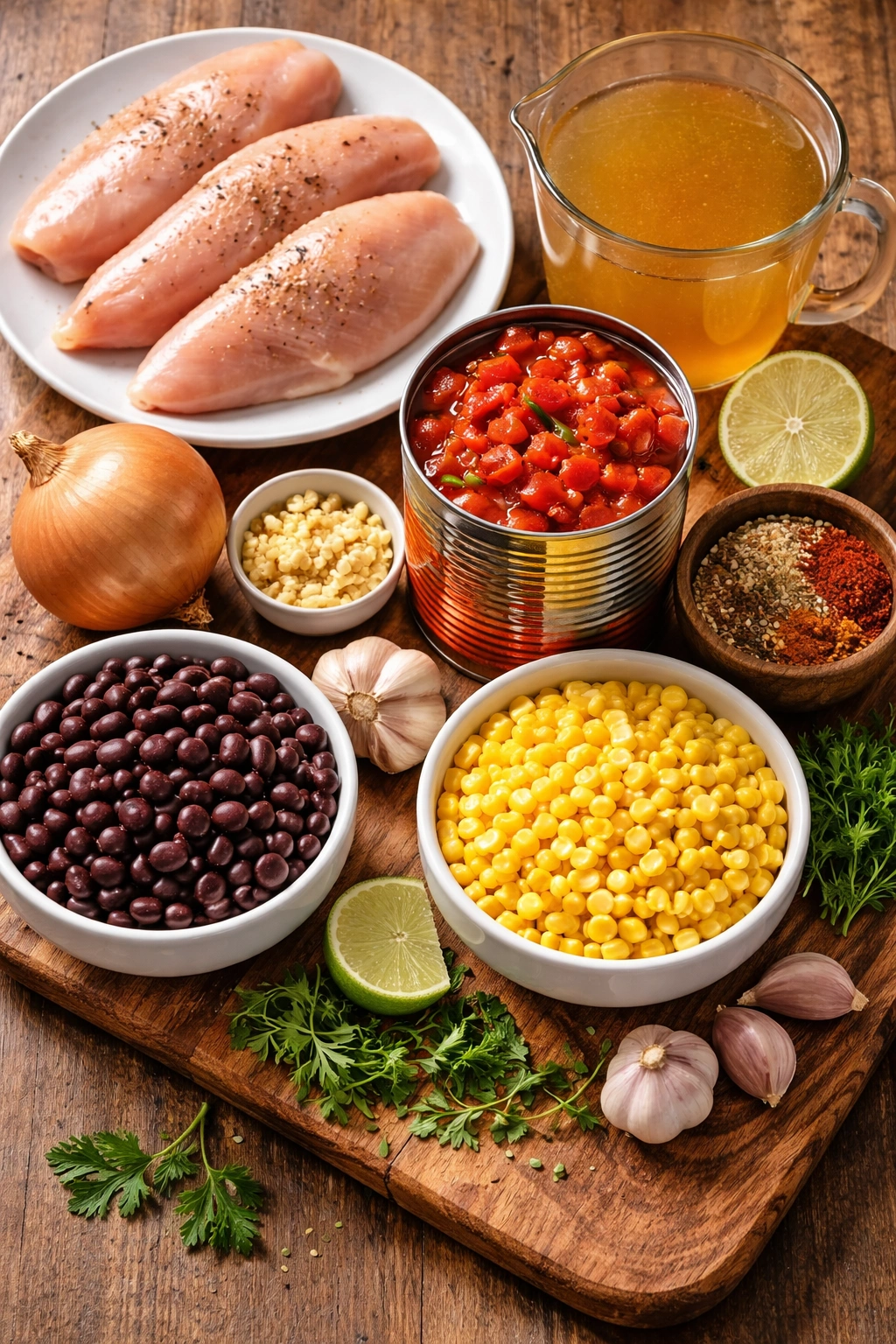 Raw core ingredients for chicken tortilla soup arranged on wood board