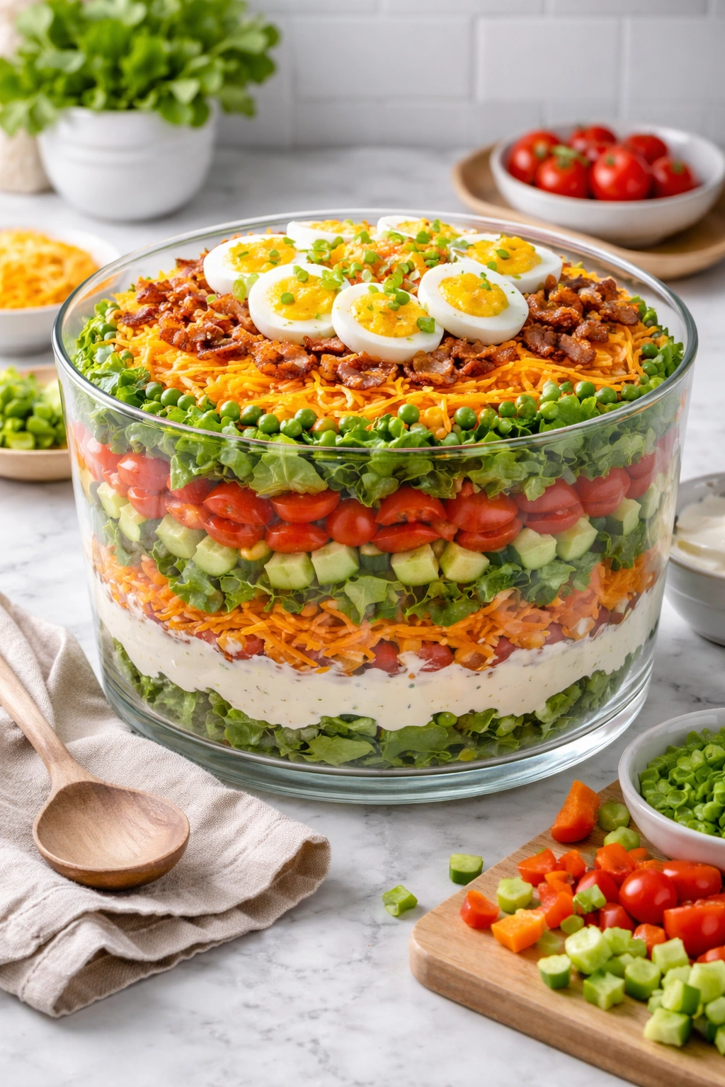 Layered salad highlighting dressing base, vegetables, and greens