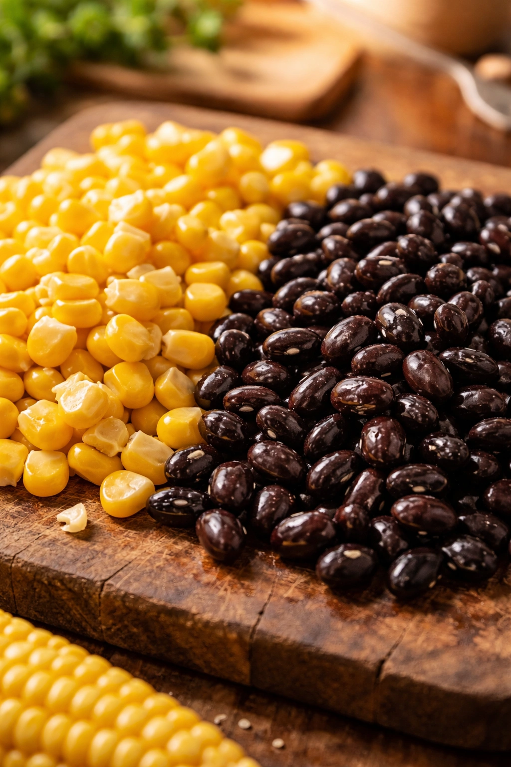 Close-up of corn kernels and black beans on a rustic wooden board
