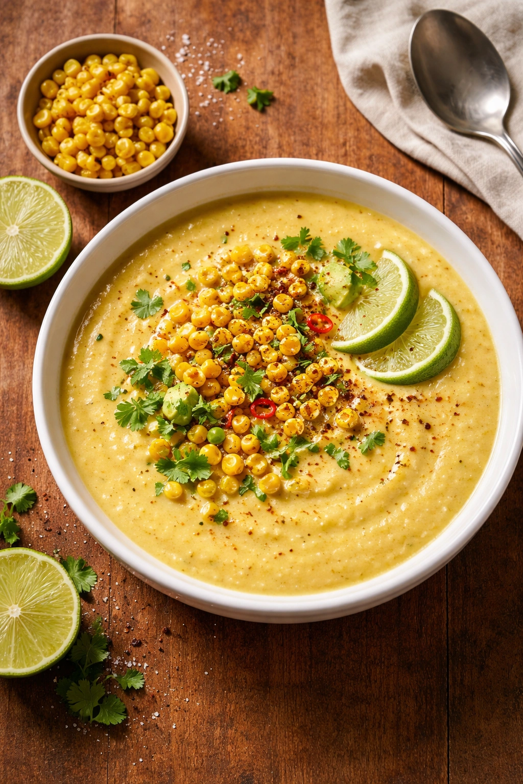 Golden corn bisque in a white bowl