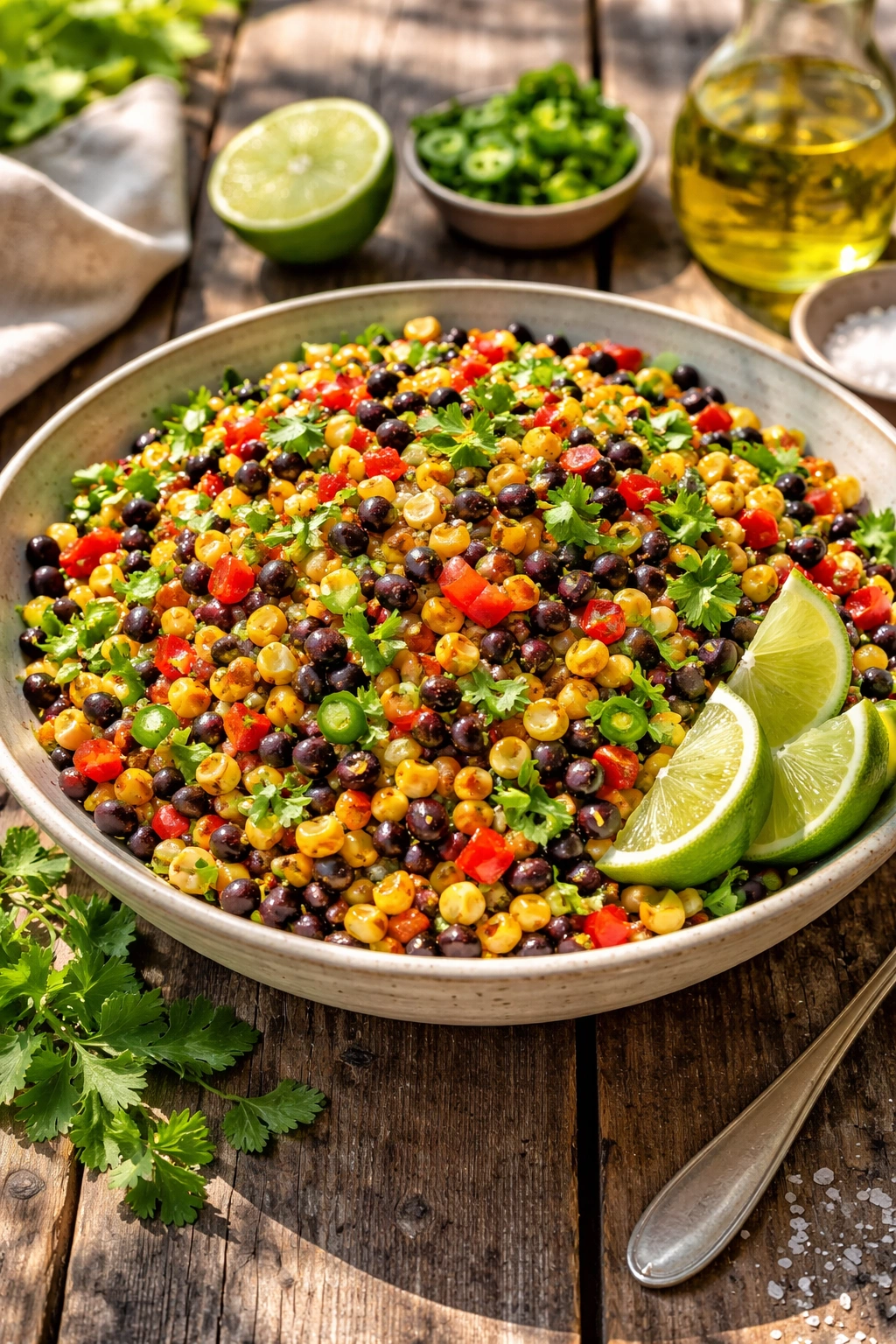 Charred corn and black bean salad with lime and jalapeño in a bowl