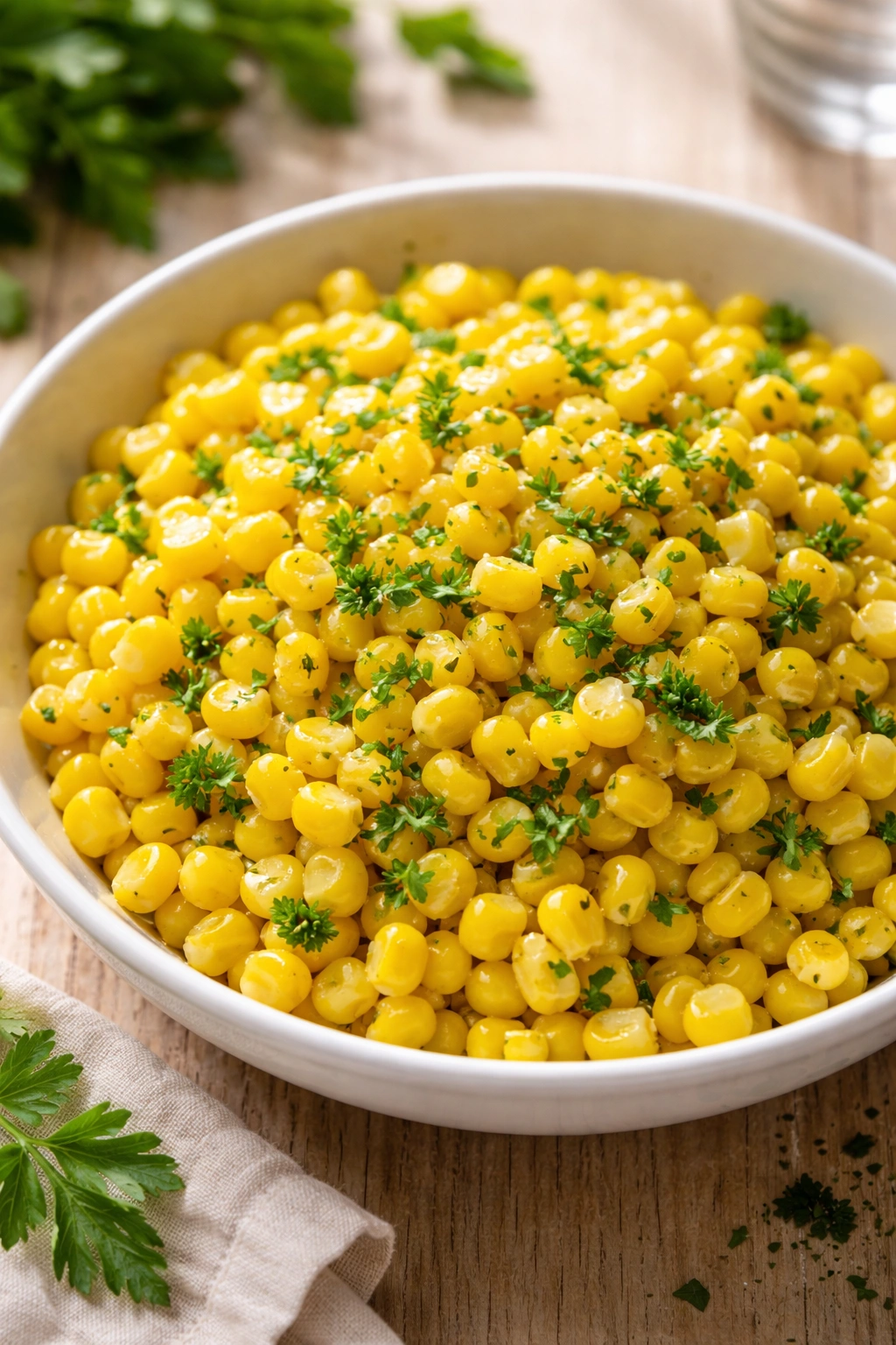 Glazed corn kernels with herbs in a white bowl
