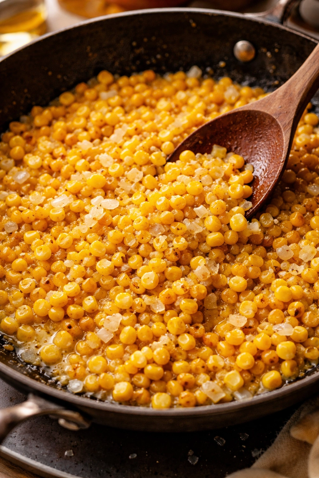 Corn kernels sizzling in a buttered skillet showing caramelization