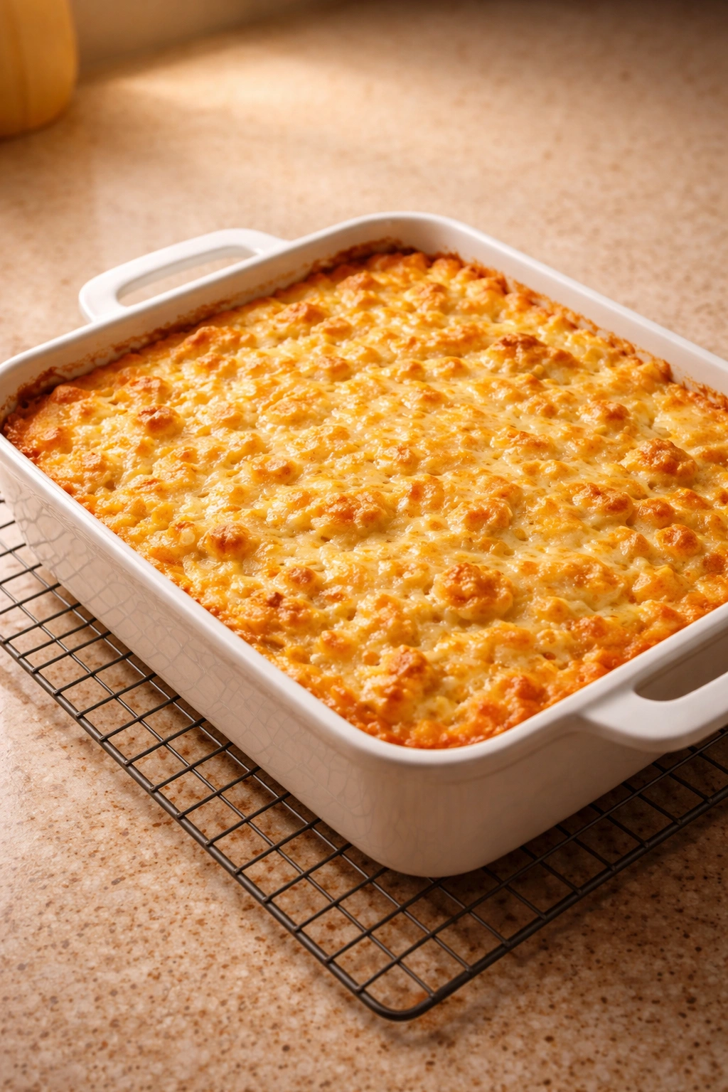 Finished creamy corn casserole cooling on a rack