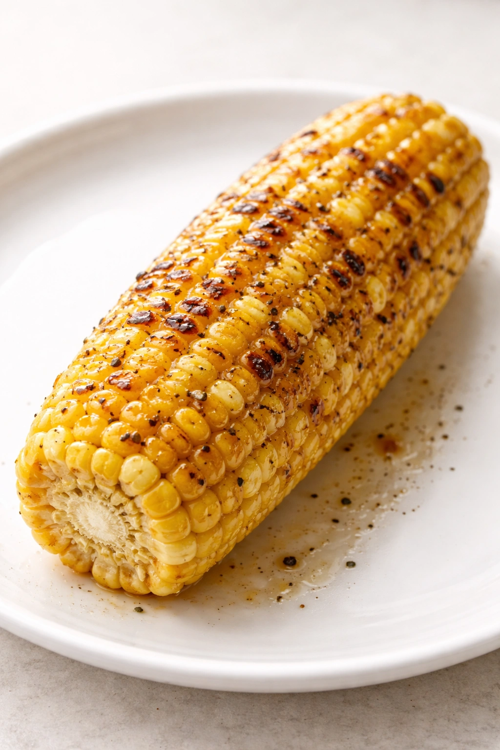 Single corn on the cob with light charring and butter glaze on a plain plate