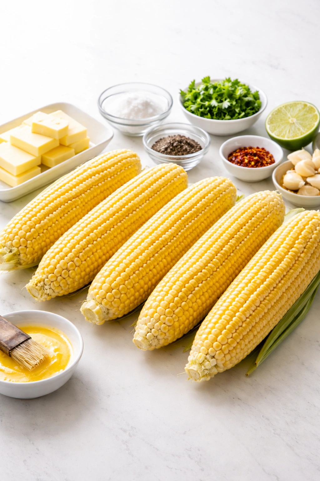 Row of four to six ears of corn on a plain surface.
