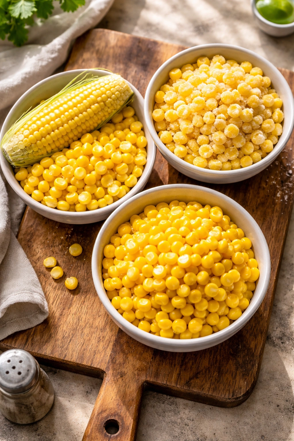 Close-up of three corn forms fresh, frozen, and canned shown as kernels on a wooden board