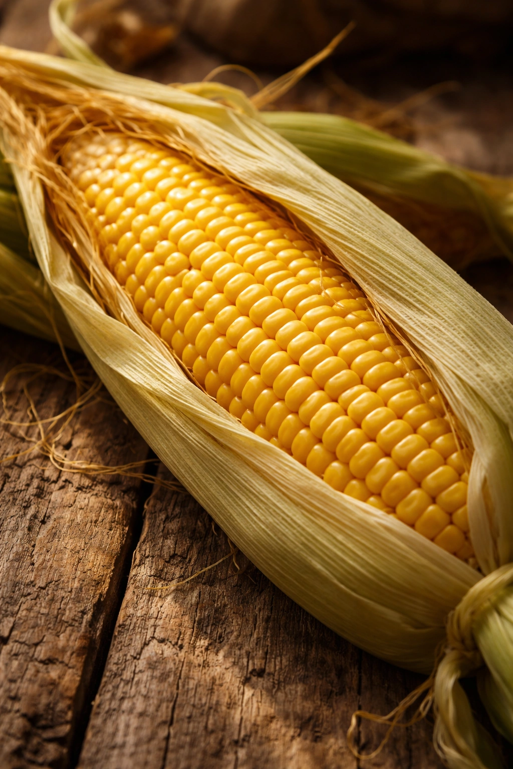 Close-up of a single ear of corn with bright kernels on a rustic wooden surface.