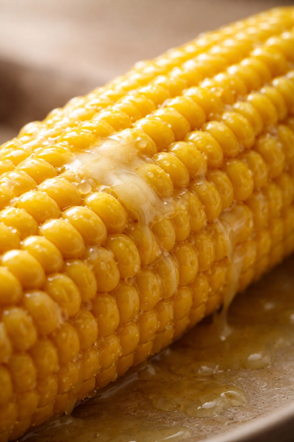 Macro close-up of bright corn kernels on the cob against a neutral background.