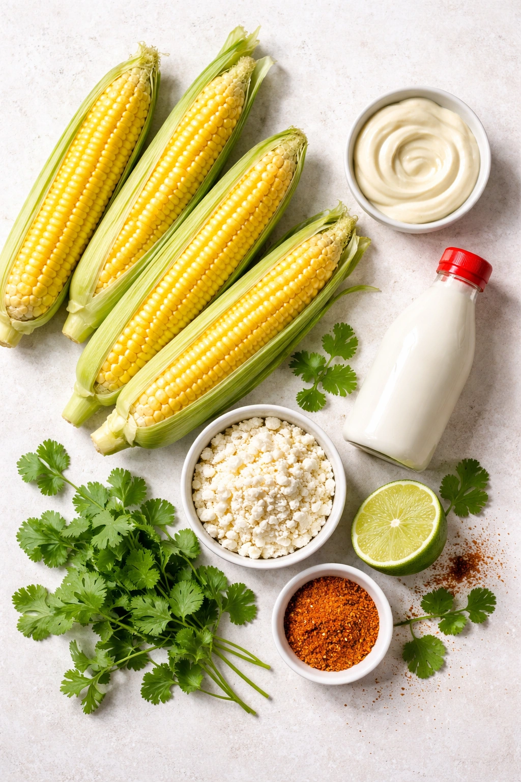 Still-life of corn, mayo, crema, lime, cotija, cilantro and TajÃn