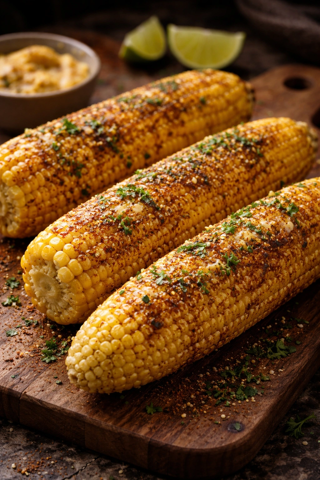 Close-up of grilled corn on the cob with seasoned butter and light spice