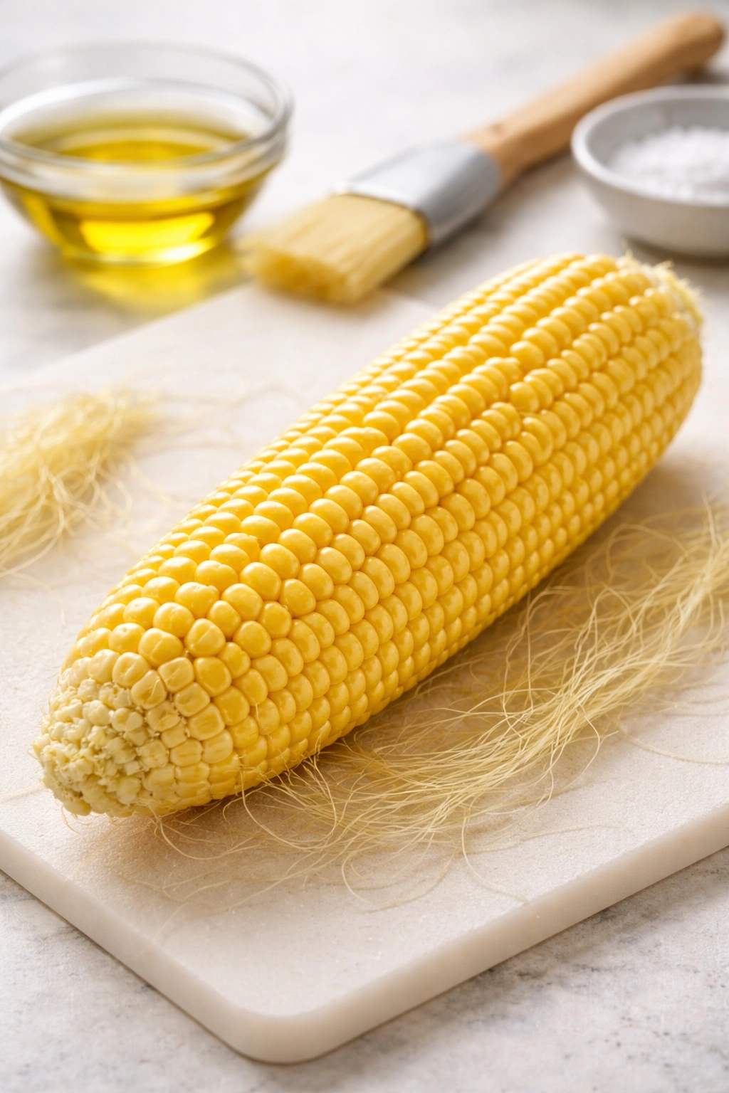 Single ear of corn with husks removed and silk visible on a clean surface