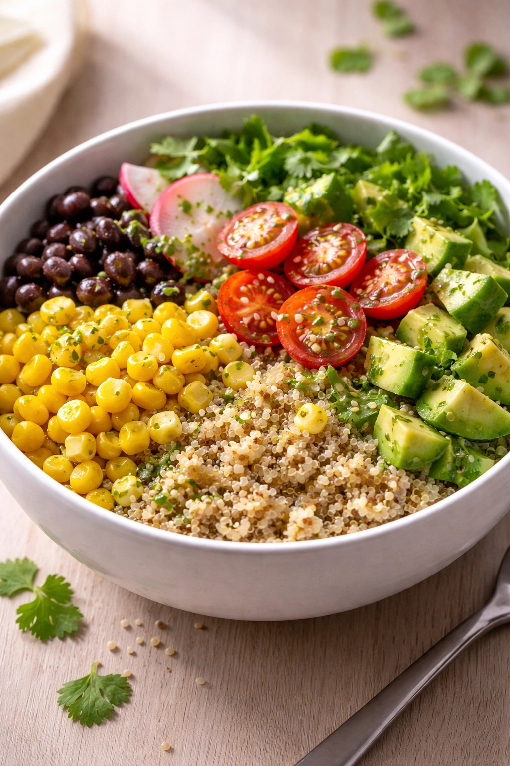 Close-up of a corn and quinoa bowl showing distinct textures and vibrant colors