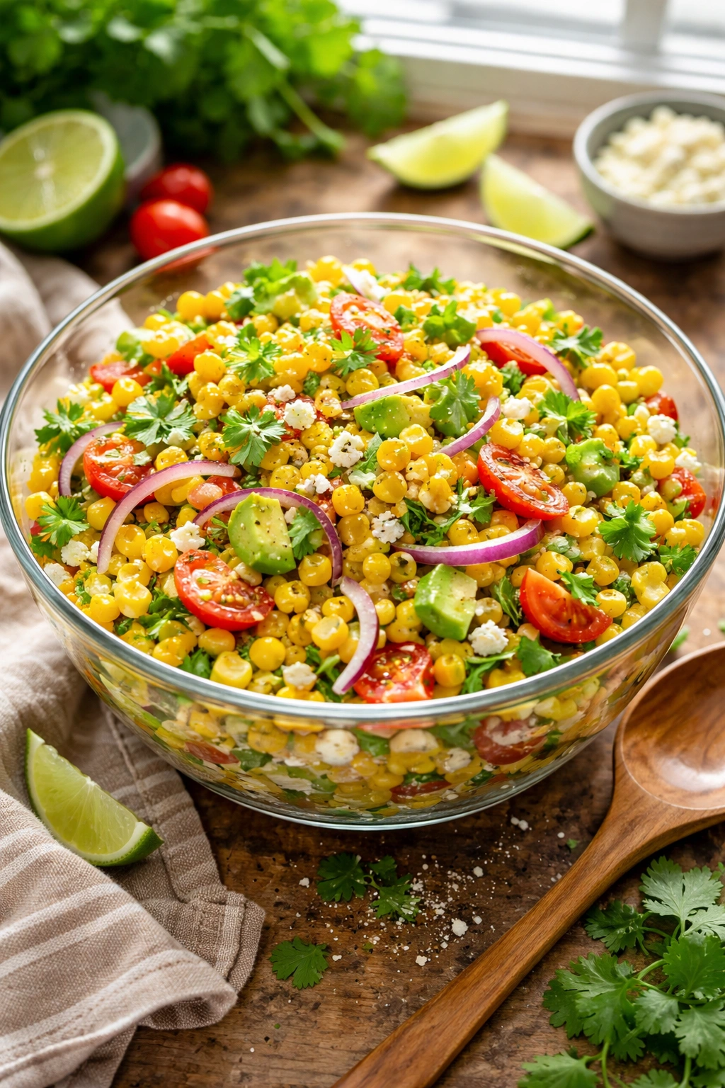 Close-up of vibrant corn salad with corn, onion, avocado in glass bowl