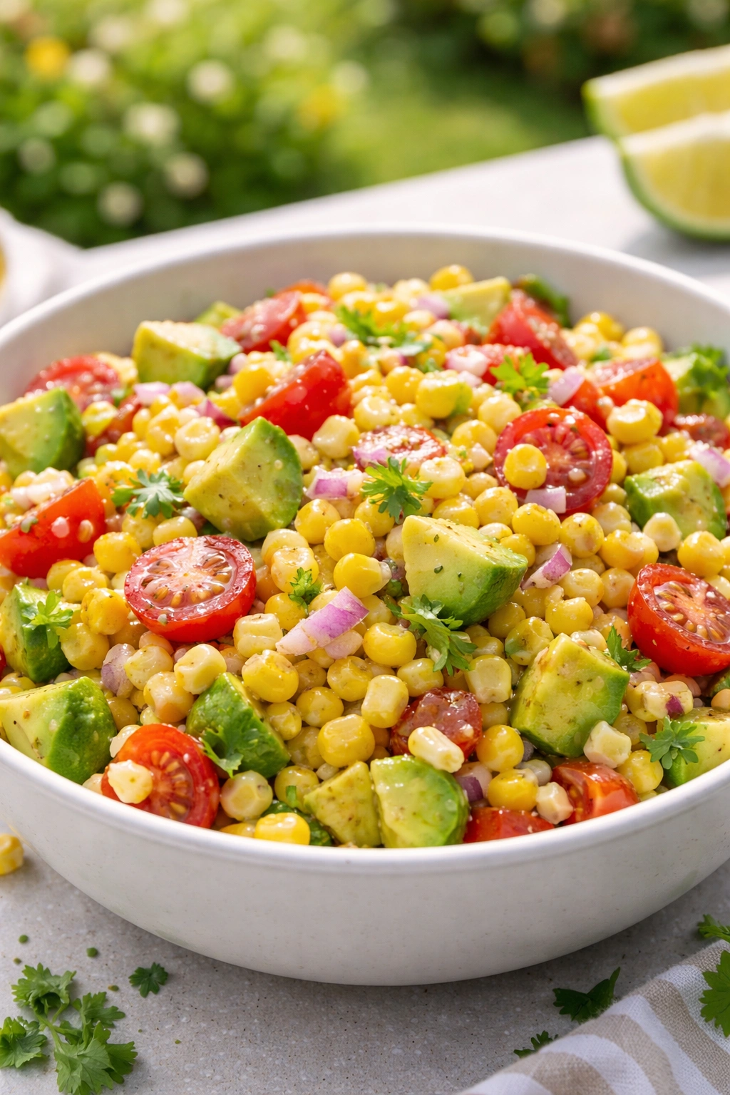 Close-up of corn salad with avocado and red onion in a white bowl.