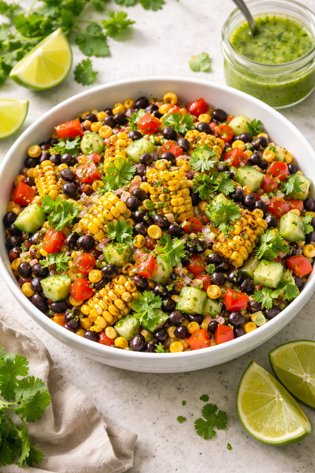 Close-up of grilled corn and black bean salad with peppers and cucumber in a bright bowl