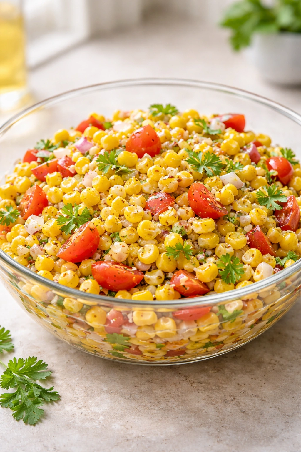 Side-angle view of dressed corn salad with glossy kernels.