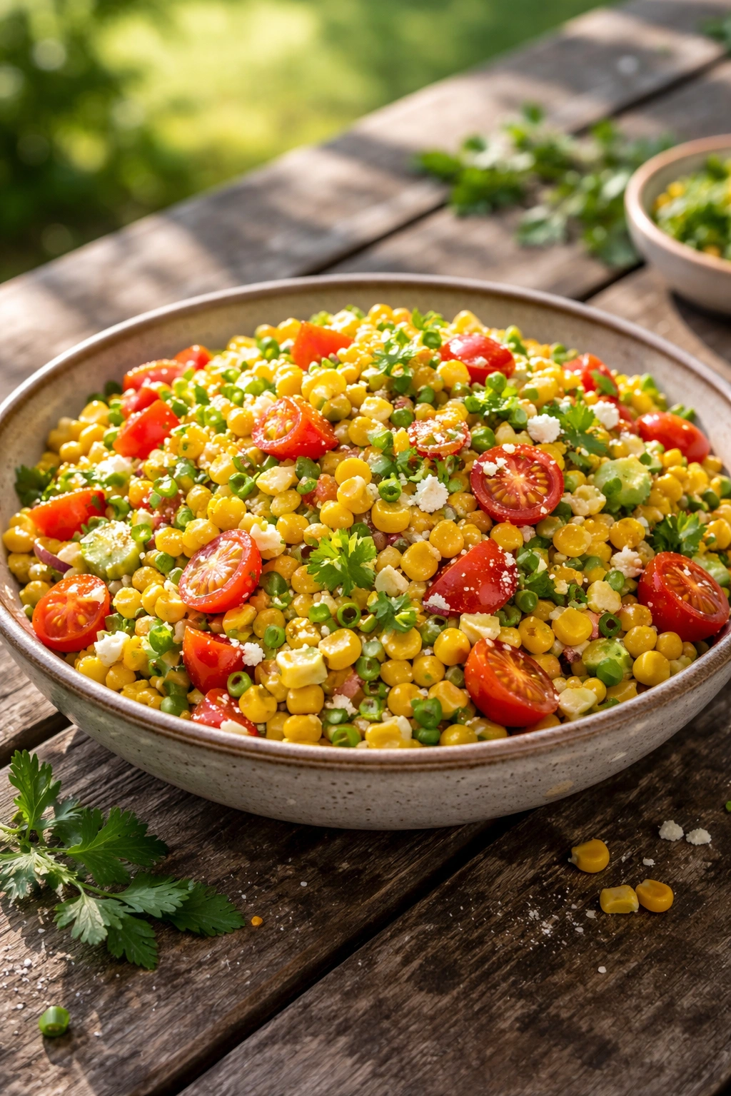 Vibrant corn salad in a rustic bowl on a wooden picnic table with fresh herbs.