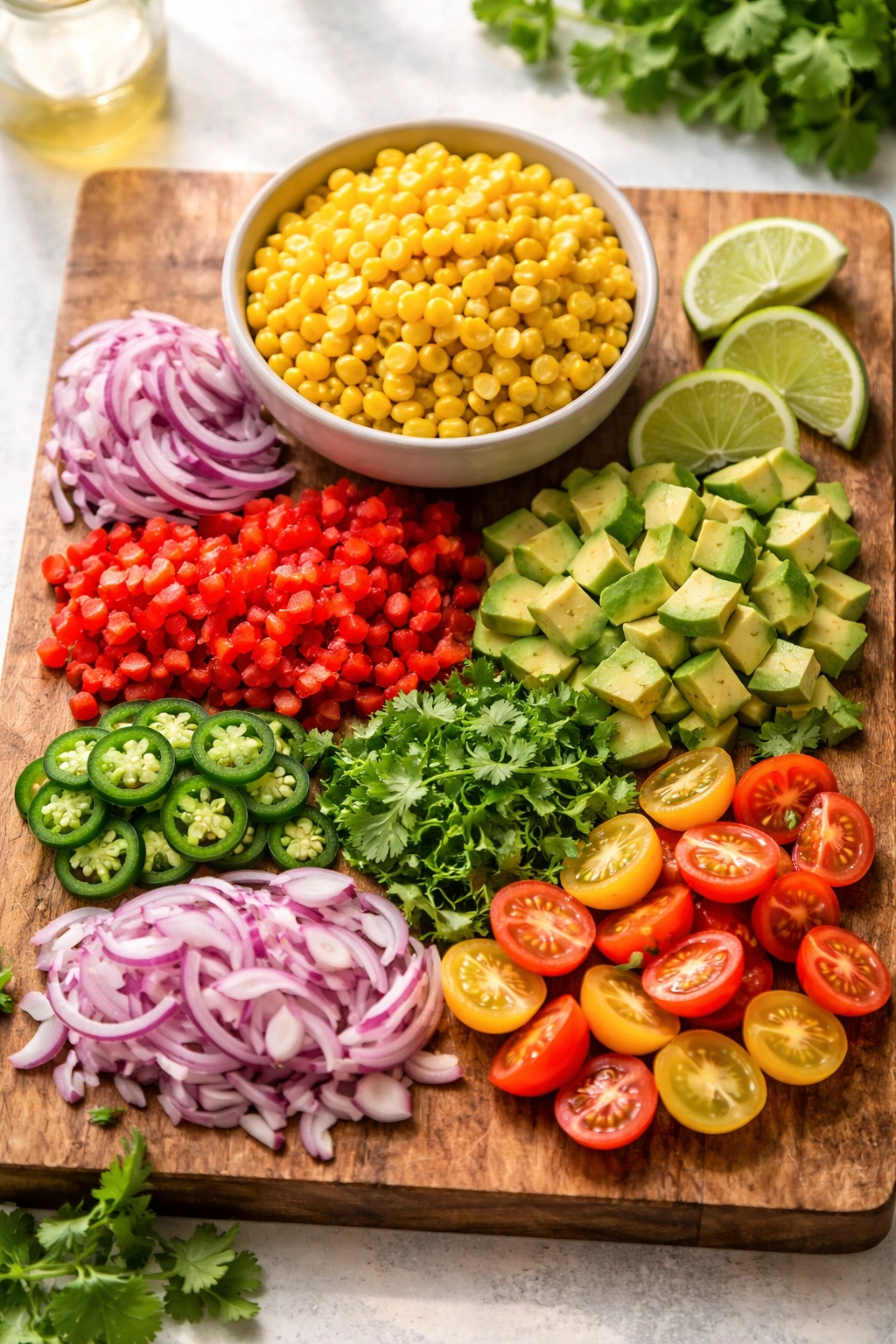 Top-down view of corn salad ingredients arranged on a wooden board