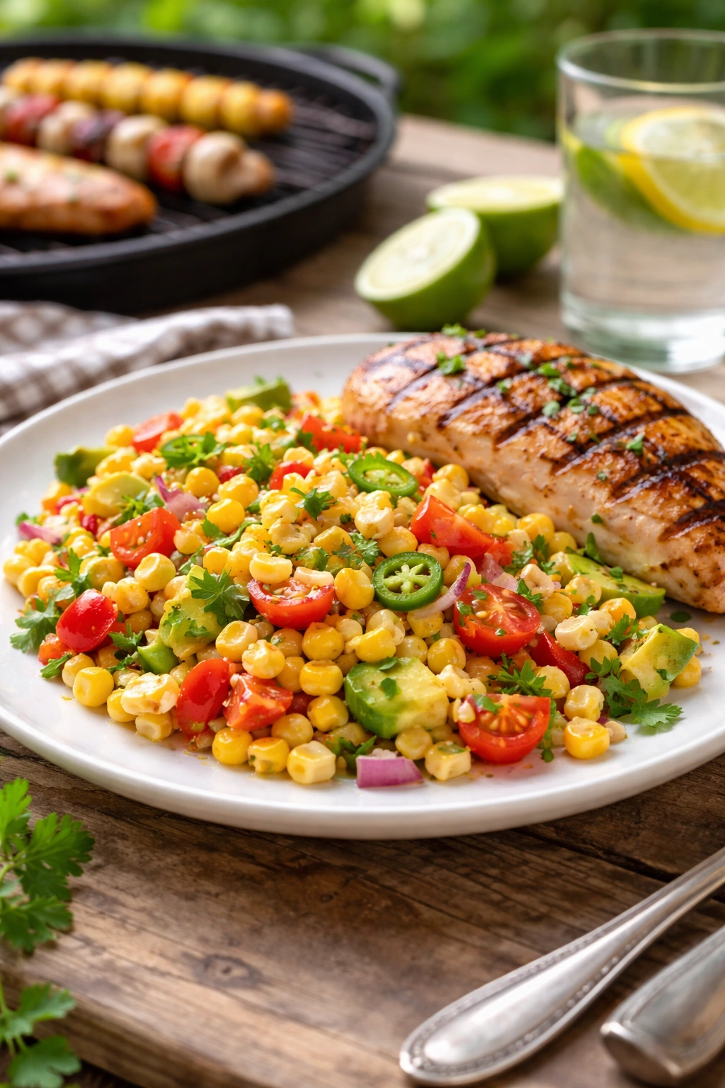 Corn salad plated with grilled chicken ready to serve