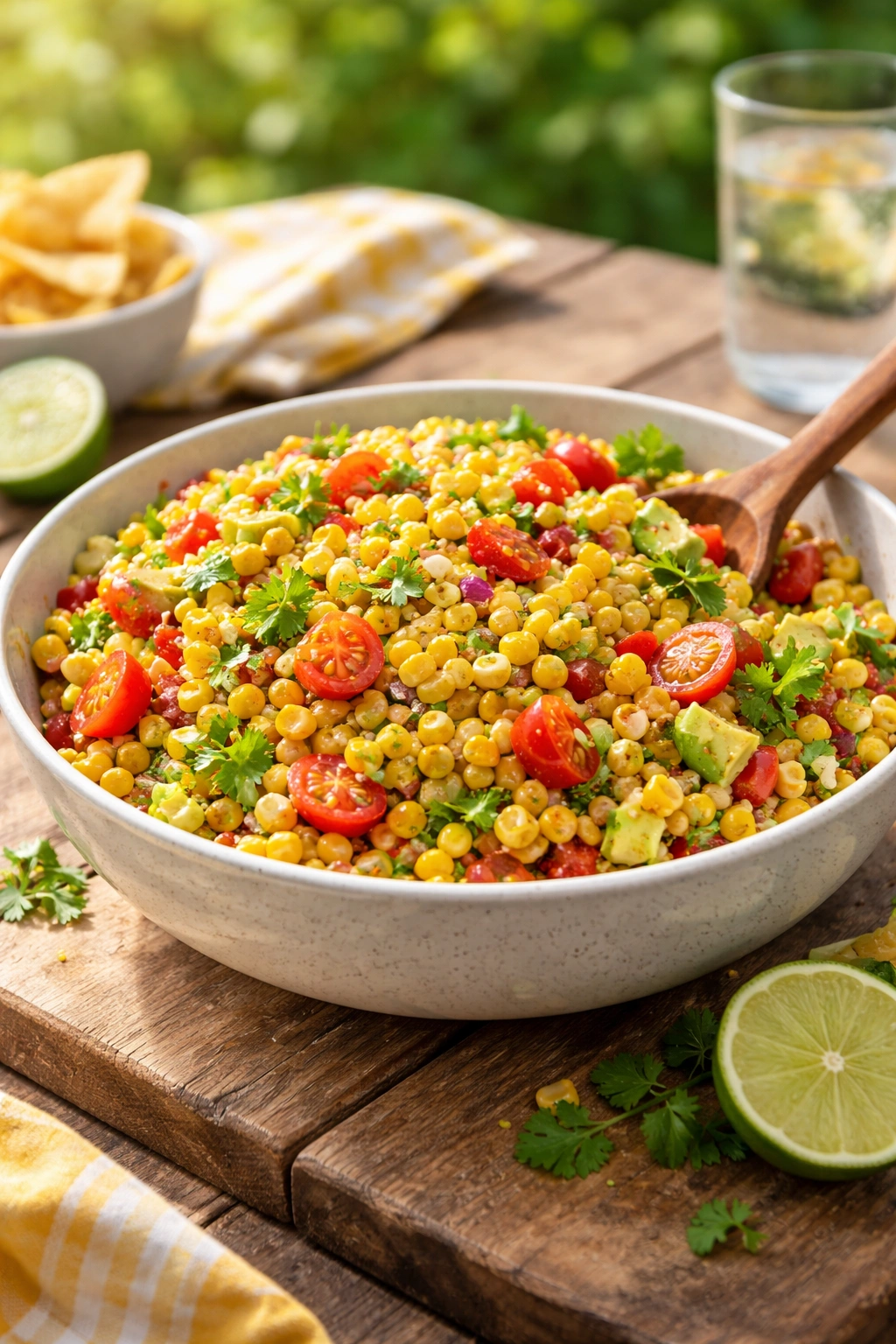 Serving bowl of corn salad on a sunlit picnic table with vibrant colors.