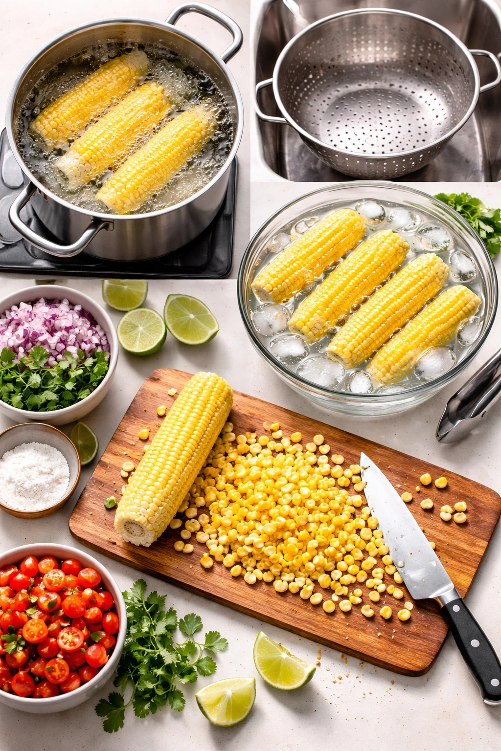 Sequence of corn prepping steps: boiling corn, ice bath, and kernel removal