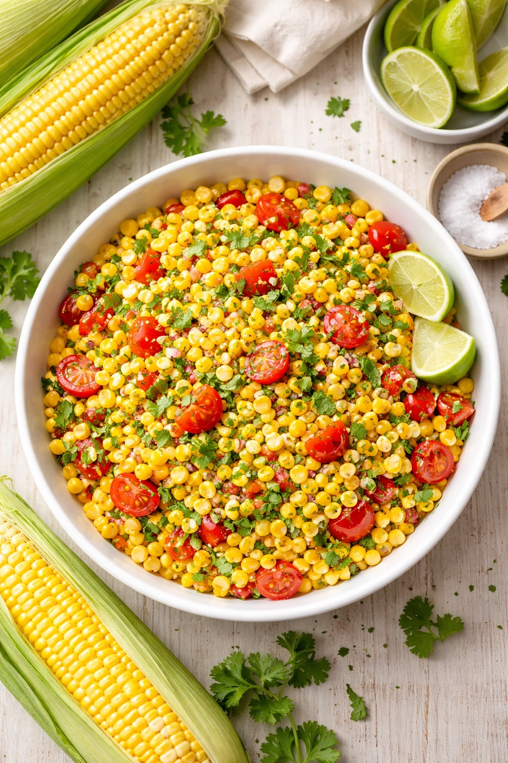 Top-down view of corn salad with cilantro on a pale wood surface.