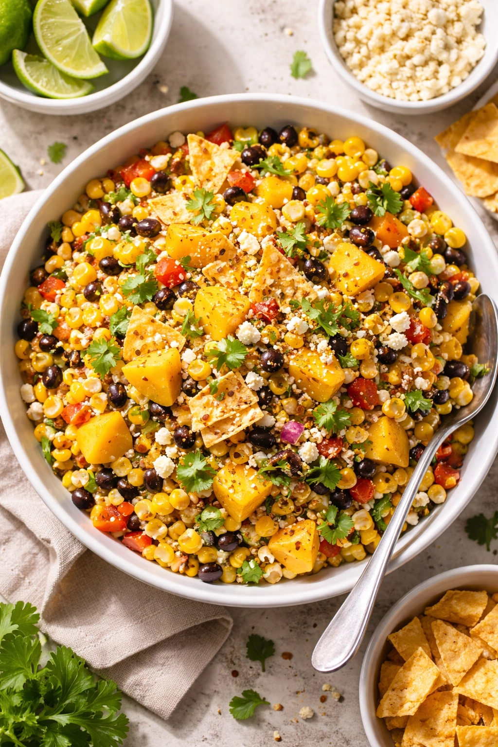 Corn salad with variations including beans, cheese, mango, and chips