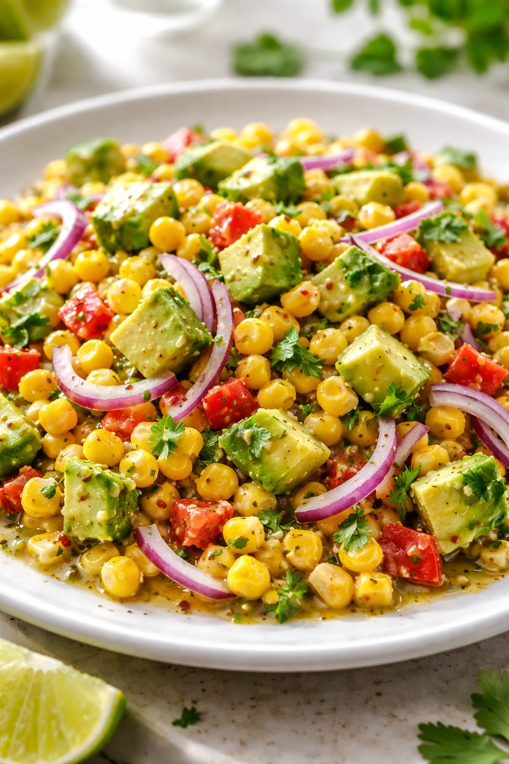 Macro view of corn salad with avocado, red onion, and lime vinaigrette.