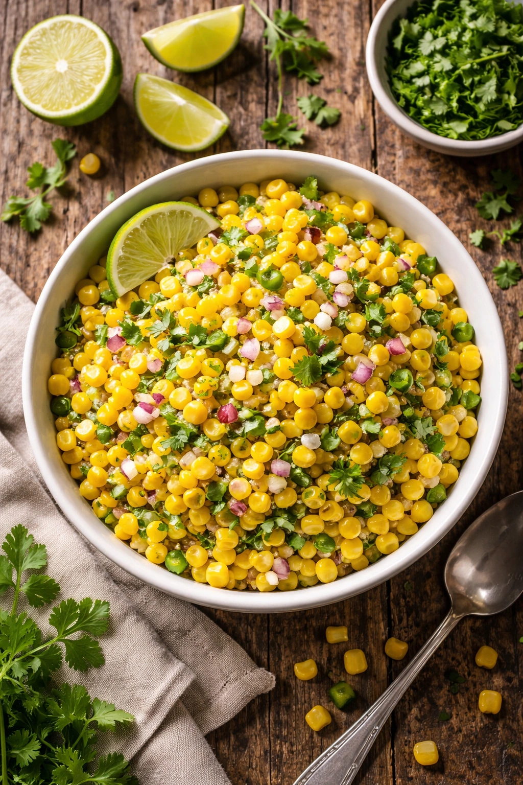 Corn salsa close-up with corn, red onion, and cilantro