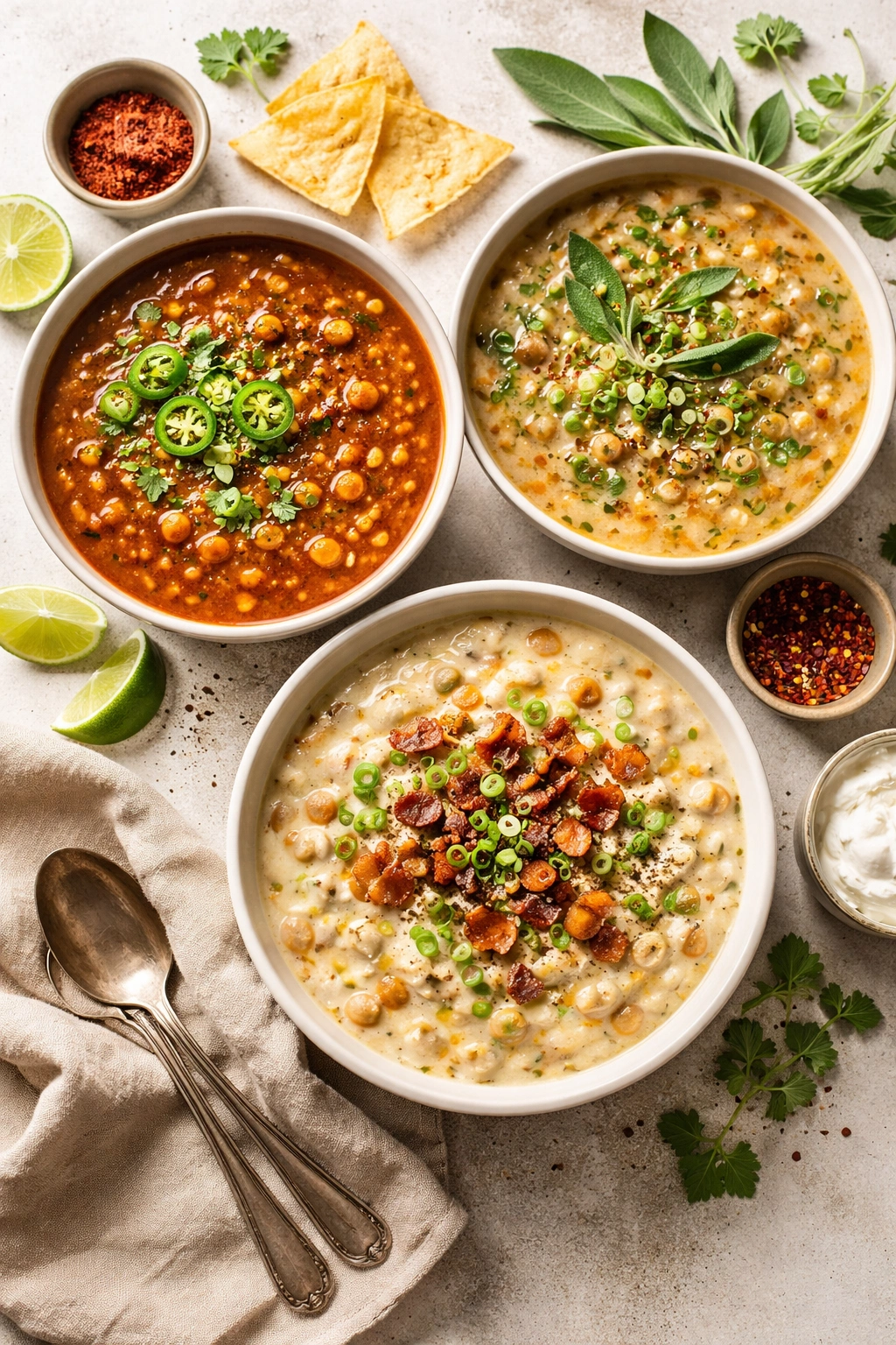 Three bowls of corn soup representing variations