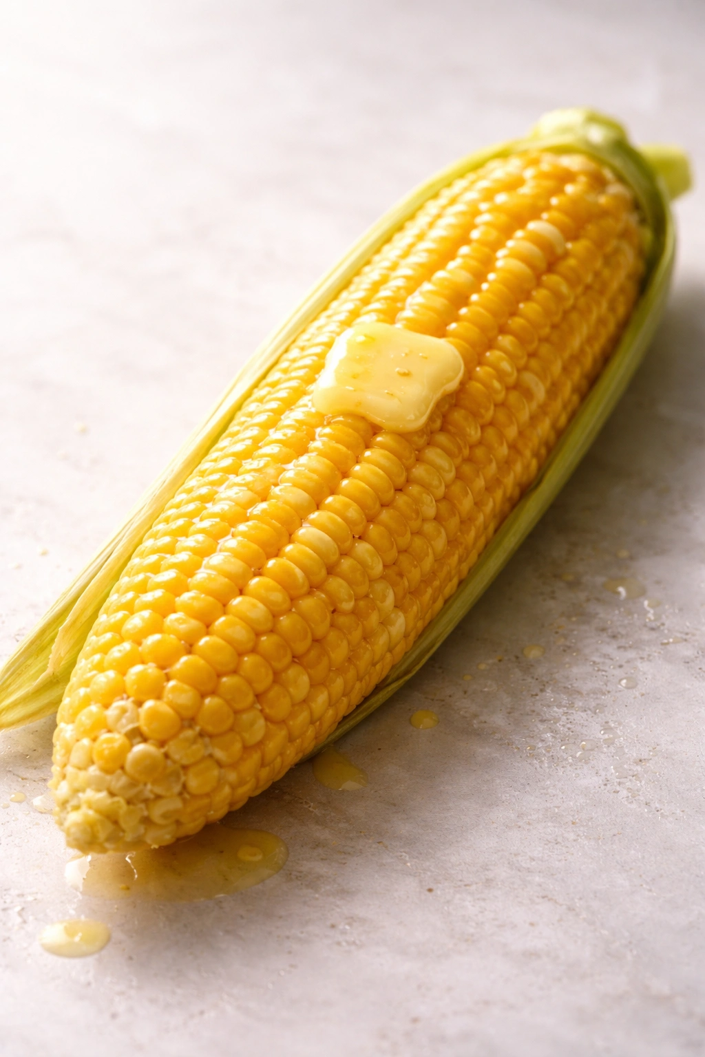 Single ear of corn on a light surface with detailed kernels.