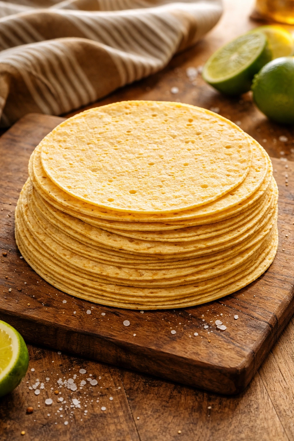 Stack of fresh corn tortillas on wood with warm light
